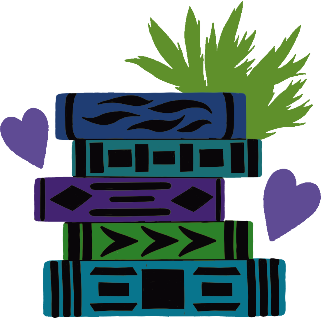 Zachary Kai's digital drawing: 5 stacked books (blue/teal/green/purple, black spine designs), green plant behind top book, purple heart on either side.
